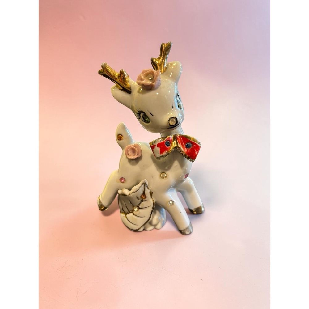 Vtg Christmas REINDEER Anthropomorphic W PINK ROSE Crystal BOW TIE